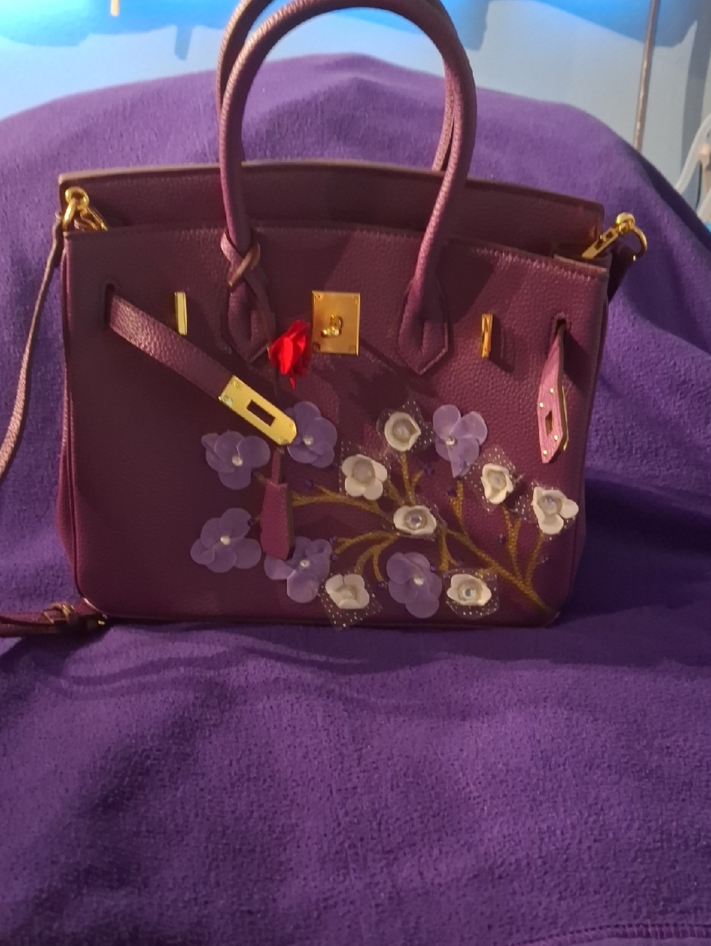 Purple Floral Embellished Satchel Handbag